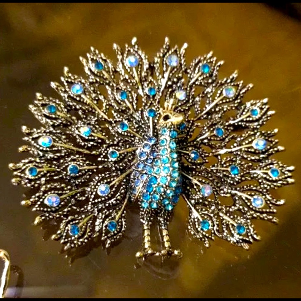 Gold-Tone Peacock Brooch with Blue Crystals - Women Jewelry Brooches